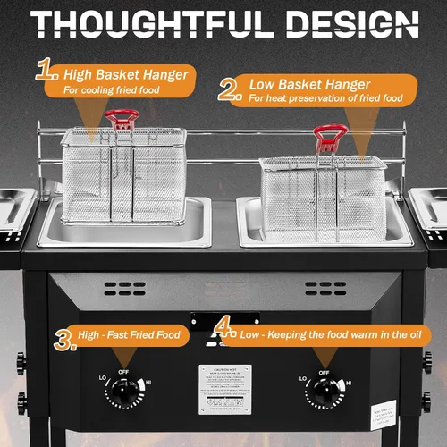 Vista 6 de Outvita Freidora de propano para exteriores, freidora comercial de doble quemador, olla de 16 cuartos de galón con cestas extraíbles, tapas