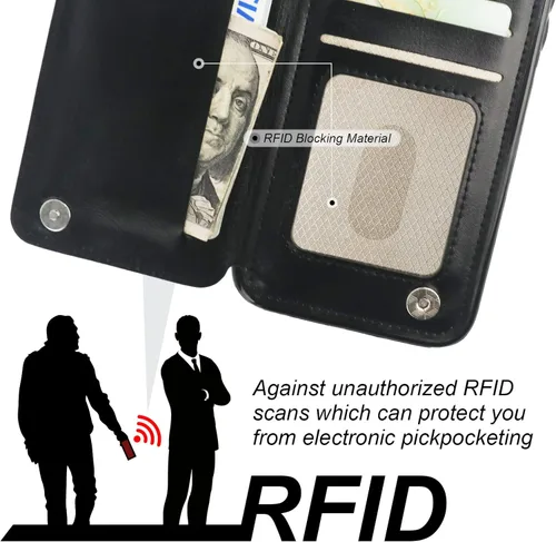 Vista 6 de ONETOP - Funda tipo cartera para iPhone 11 con soporte para tarjetas, anillo de rotación de 360°, bloqueo RFID, piel sintética, doble cierre Negro