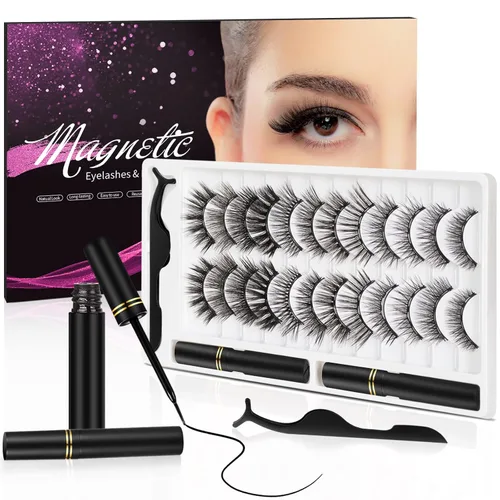 Juego de pestañas magnéticas naturales 3D con delineador de ojos, aspecto natural, 12 pares de pestañas postizas, no necesita pegamento,