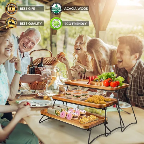 Vista 3 de Manspdier Soporte de 3 niveles para cupcakes y torres de tamaño mediano para fiestas, juego de mesa de postre de madera de acacia, decoración