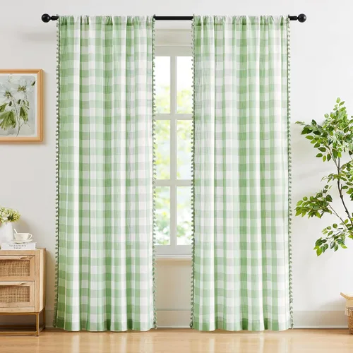 Vista 12 de Treatmentex Cortinas a cuadros blancos y negros de 45 pulgadas, con pompones, semitransparentes, para sala de estar, dormitorio, cortinas rústicas
