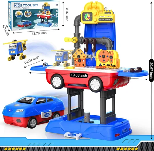 Vista 2 de FunMission Set de herramientas para niños, banco de trabajo con 69 herramientas de juguete realistas y accesorios, set de herramientas transformable