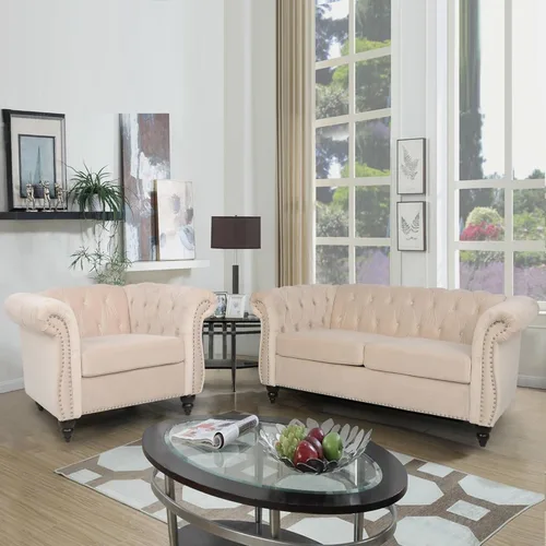 Vista 69 de RARZOE Moderno juego de sofá de 2 piezas, naranja, espuma, sofá biplaza y sofá Chesterfield