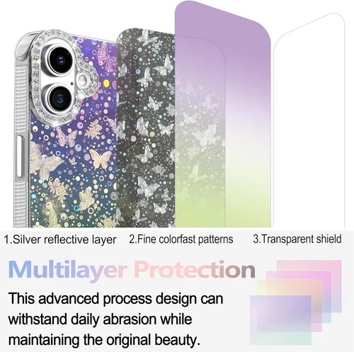 Vista 527 de I-MGAE-IN-AR - Funda diseñada para iPhone 12 y 12 Pro, diseño de mariposa plateada brillante, funda protectora de poliuretano termoplástico, suave