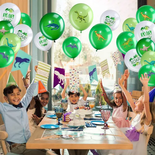 Vista 6 de Zomiboo 36 globos de dinosaurio de látex para fiesta de cumpleaños de niños, patrón estampado de dinosaurio verde de 12 pulgadas, 9 estilos