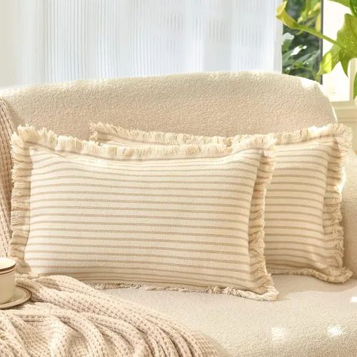Vista 17 de Fundas de almohada ZWJD de 16 x 16 pulgadas, juego de 2 fundas de almohada a rayas con borlas, fundas de almohada de algodón chic, fundas de cojín