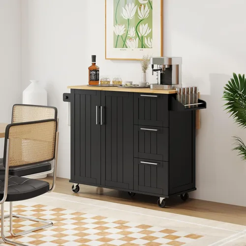 Vista 5 de Yaheetech Carrito de isla de cocina con hoja caída, barra de desayuno de cocina con 5 ruedas universales con gabinete de almacenamiento, parte Negro