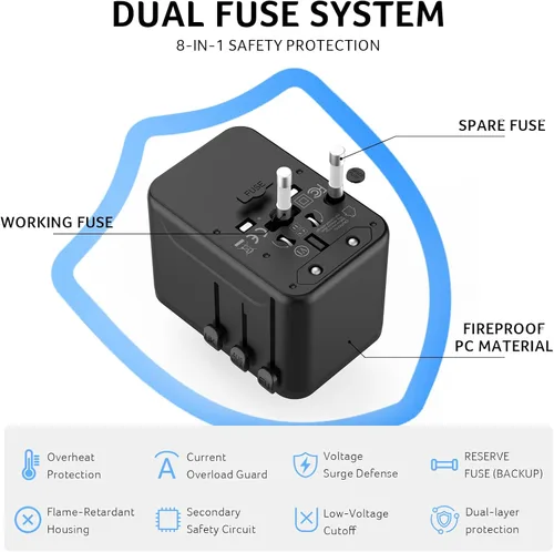 Vista 9 de Acer Adaptador de enchufe de viaje universal GaN de 45 W, adaptador de corriente internacional con 3 USB C y 1 USB A, toma de corriente en todo