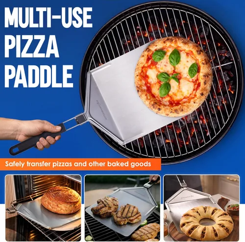 Vista 7 de KitchenStar Pala de pizza de metal de 12 pulgadas con mango plegable, paleta de espátula de acero inoxidable para transferencia de pizza sin