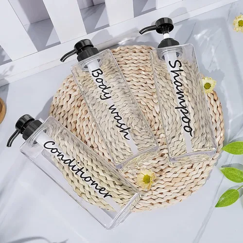 Vista 3 de Dispensador de champú – Botellas recargables de champú y acondicionador (transparente, juego de 3, 21 onzas) – Botellas de champú modernas