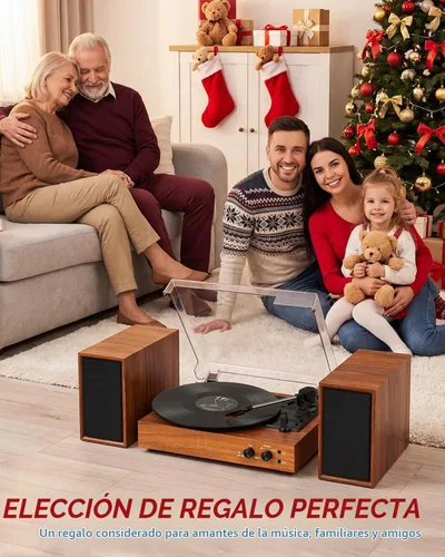 Vista 8 de Reproductor de discos Bluetooth retro con altavoces externos, tocadiscos de 3 velocidades con transmisión por correa, grabación USB a PC, salida AUX