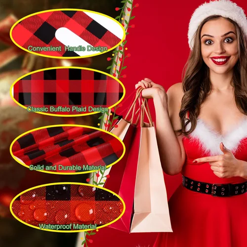 Vista 5 de Honoson 100 Piezas Bolsas de Regalo de Plástico para Navidad a Granel Mercancía Navideña Bolsas de Dulces y Golosinas a Cuadros Buffalo con Asa 8" x