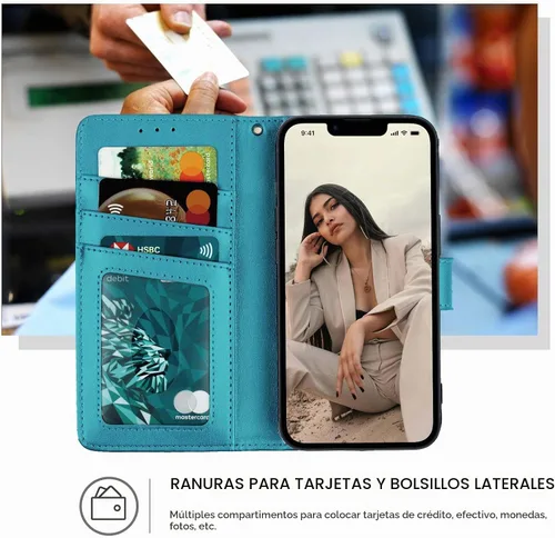 Vista 3 de Funda tipo cartera para iPhone 13, [bloqueo RFID] con 3 ranuras para tarjetas con ranura para tarjeta de crédito, cubierta protectora magnética