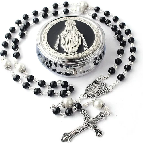 HanlinCC - Rosario con cuentas de perlas de vidrio de 6 mm con cuentas de nuestro padre de 8 mm con tapas, en caja de regalo de metal milagrosa