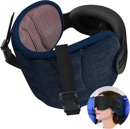 Vista 10 de Almohadas de viaje SARISUN para aviones, almohada de avión para vuelos largos, correa de cabeza para avión con máscara para los ojos para dormir