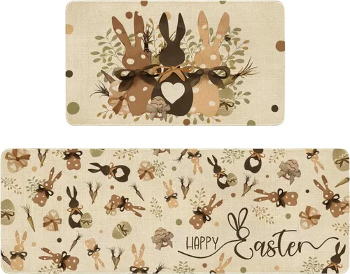 Vista 17 de Juego de 2 alfombras y tapetes de cocina de Pascua, diseño de primavera con texto en inglés «Hello My Peeps», diseño de conejito de pollito