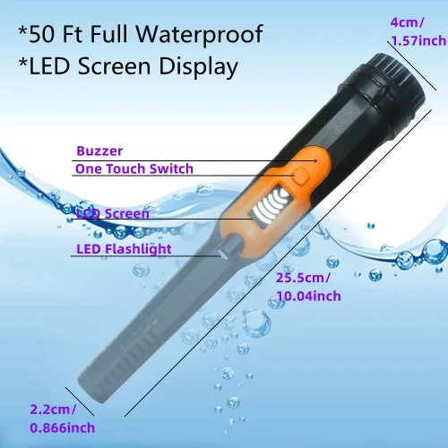 Vista 3 de Pantalla LCD totalmente impermeable, detector de metales dorados con linterna LED, Pinpointer de búsqueda de 360 grados, IP68 bajo el agua a 49.2