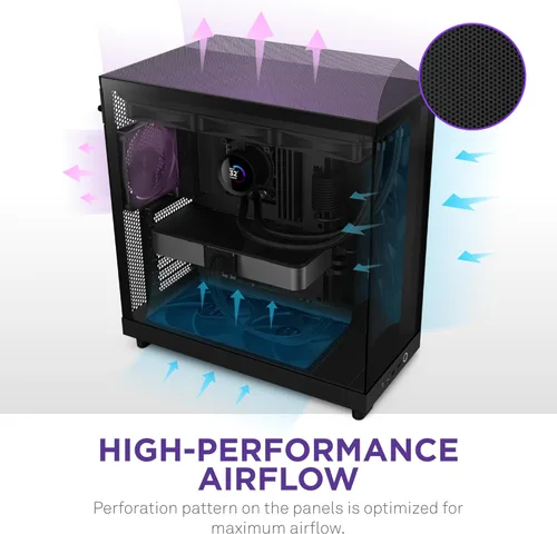 Vista 5 de NZXT H6 Flow CC-H61FB-01 Carcasa compacta de doble cámara de torre media con flujo de aire Paneles de vidrio panorámicos Paneles de flujo