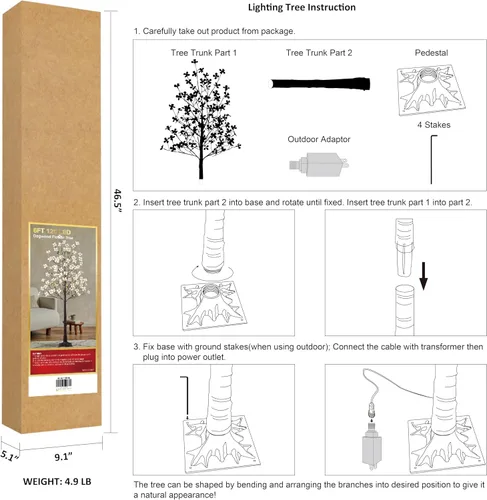 Vista 6 de Lightshare Árbol de Flores de Cornejo Iluminado de 6 Pies, Planta Artificial de 120L con Bayas, Luces Blancas Cálidas para Primavera, Decoración