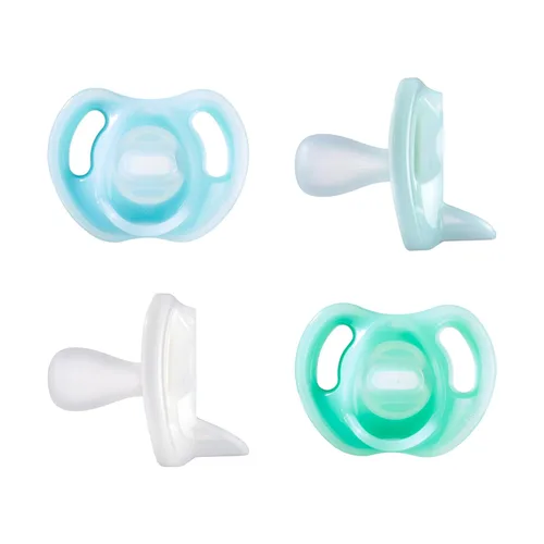 Tommee Tippee - Chupón de silicona ultra ligero, 0-6 meses, diseño simétrico de una pieza, chupetes de silicona sin BPA, azul/verde/transparente,