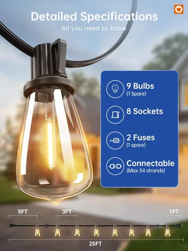 Vista 6 de addlon Tira de luces LED de 25 pies, resistente al agua con 8+1 bombillas LED inastillables (no solar), luz de patio, conectable y resistente al