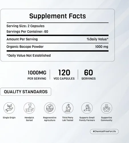 Vista 6 de Cápsulas orgánicas de hoja de Bacopa Monnieri en polvo USDA Orgánico Vegano Sin gluten 120 cápsulas 1000 mg para función cognitiva