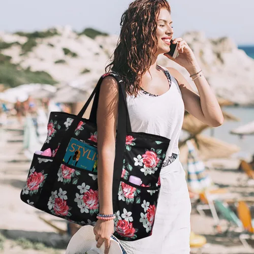 Vista 2 de Becokan Bolsas de playa para mujer, bolsa de playa grande con bolsillos con cremallera, bolsa de playa, impermeable, a prueba de arena, bolsa
