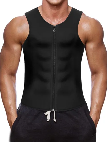 Wonderience Chaleco de entrenamiento de cintura para hombre, traje de sauna de neopreno caliente, corsé moldeador de cuerpo, con cremallera Negro