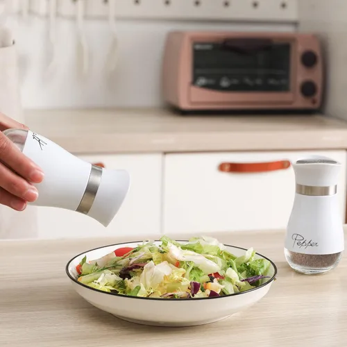 Vista 6 de Juego de saleros y pimenteros, acero inoxidable con botella de vidrio para mesa, RV, campamento, barbacoa, juego de 2, blanco