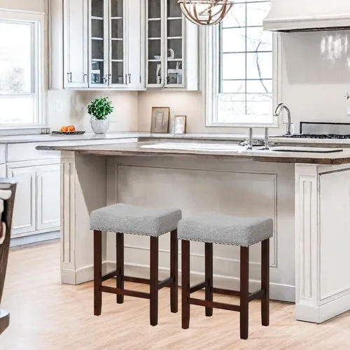 Vista 49 de ERGOMASTER Taburetes de bar, 29 pulgadas, modernos taburetes de sillín, madera de caucho, gris claro/marrón, juego de 2