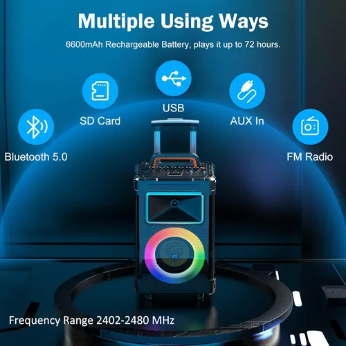 Vista 3 de JYX Máquina de karaoke con 2 micrófonos inalámbricos, woofer de 10 pulgadas, 500 W, potencia máxima, altavoz Bluetooth portátil grande con ajuste