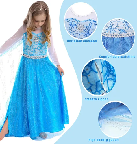 Vista 3 de Vestido de princesa Elsa para niñas, disfraz de princesa Elsa de Frozen, fiesta de nieve, fiesta de cumpleaños con accesorios