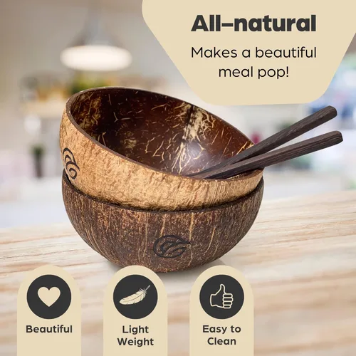 Vista 3 de purpleclay Juego de 2 cuencos de coco y cucharas de madera, naturales, hechos a mano, aptos para veganos, ensalada, batido o Buda y utensilios