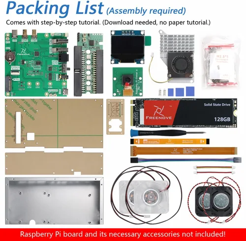 Vista 2 de Freenove Kit de carcasa de PC para Raspberry Pi 5 con ventilador de refrigeración, SSD M.2 NVMe de 128 GB 800 MB/s, cámara de 5 MP, pantalla OLED