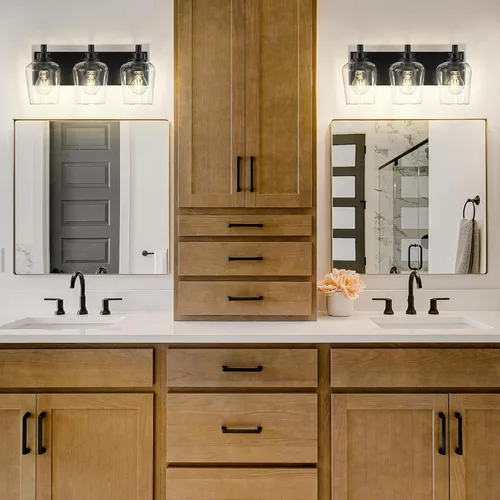 Vista 6 de Lámparas de baño, lámpara de tocador moderna de 3 luces con pantalla en forma de copa de vino de vidrio transparente, accesorios de iluminación Negro