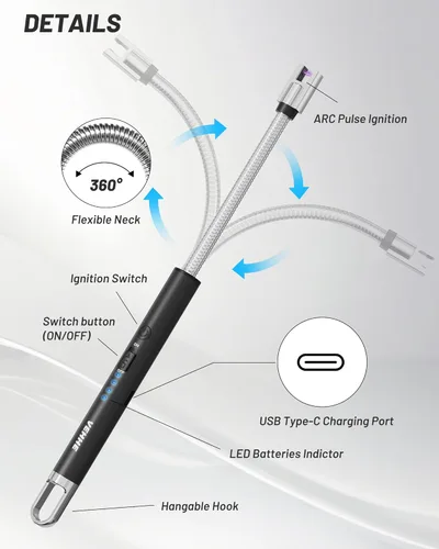 Vista 2 de VEHHE - Encendedor de velas eléctrico, encendedor de arco recargable con batería LED, pantalla de batería, cuello flexible largo, USB, encendedores
