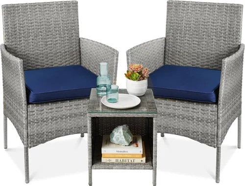 Vista 20 de Best Choice Products - Juego de 3 piezas de muebles de mimbre para conversación de patio, ahorrador de espacio, para jardín, con mesa auxiliar