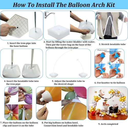 Vista 4 de Kit de arco de globos de 8.2 pies y 5 pies ajustable, soporte de arco de medio globo, forma de flexión, marco de arco de globo con base rellenable