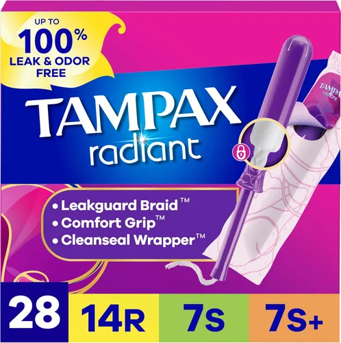 Tampax Radiant tampones para mujeres, multipack, con trenza LeakGuard, absorbencia regular/súper/súper plus, sin perfume, 28 unidades