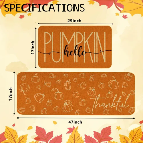 Vista 3 de Juego de 2 tapetes de cocina de otoño naranja con texto en inglés "Hello Pumpkin" para decoración del hogar, tapetes de cocina de bajo perfil