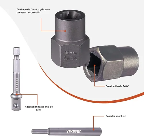Vista 5 de Juego de 15 piezas de extractor de pernos, juego de zócalos de impacto de 3/8" para quitar pernos y tuercas, para pernos y tuercas dañados