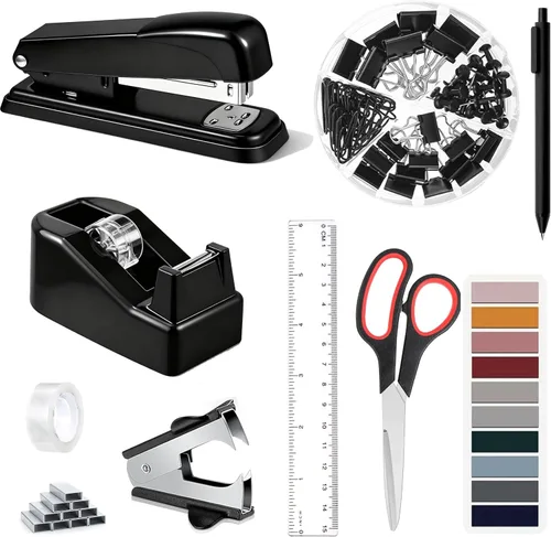 Dimonluce Accesorios de escritorio de oficina, accesorios de oficina negros con dispensador de cinta, grapadora, removedor de grapas, 1000 grapas,