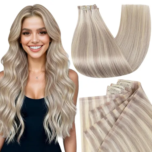 Vista 16 de Full Shine Extensiones de cabello humano con clip de 12 pulgadas, extensiones de cabello con clip de castaño claro a rubio, extensiones de cabello