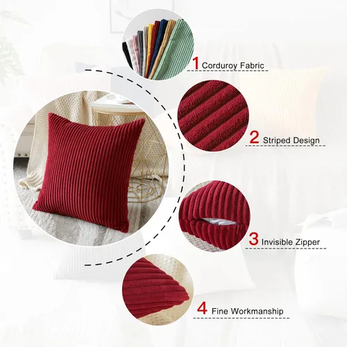 Vista 4 de OTOSTAR Juego de 4 fundas de almohada decorativas de pana suave a rayas color burdeos de 18 x 18 pulgadas, fundas de almohada cuadradas para sofá