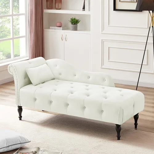 Vista 7 de Chaise Lounge - Silla de terciopelo para interiores con almohada, con botones copetudos, brazo derecho, con ribete de cabeza de clavos y patas