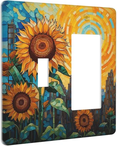 Vista 2 de Cubiertas de enchufe de pintura floral de grafiti de girasol abstracto, 1 palanca, 1 combinación basculante, placas de interruptor eléctrico, placa