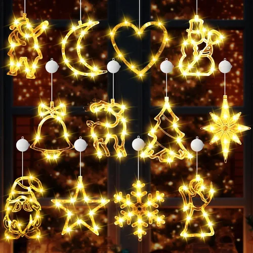 Vista 13 de Tujoe 12 luces navideñas para ventana, luces de silueta de ventana con temporizador, ventosa, funciona con pilas, para Navidad, Año Nuevo, hogar