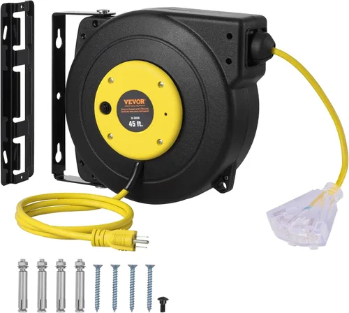 Vista 29 de VEVOR Carrete de cable de extensión retráctil, 30 pies, resistente 16 AWG/3C SJTOW carrete de cable de alimentación retráctil con salida triple