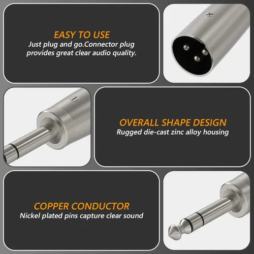 Vista 2 de GEEKRIA Adaptador de cable de micrófono TRS macho para Creators XLR macho a 1/4 de pulgada (0.250 in), compatible con Shure SM57, SM7B, MV7, PGA48