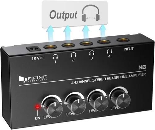 Fifine Amplificador de auriculares de 4 canales, amplificador de audio estéreo de metal, mini divisor de auriculares con adaptador de corriente,